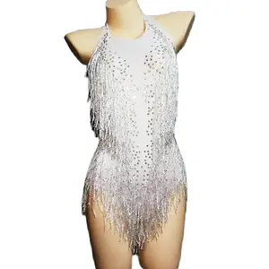WomenVightclub Party Dance Costume Stage Wear SexyTassel Leotard Performance Clothing Sparkly Rhinestones Fringe Bodysuit
