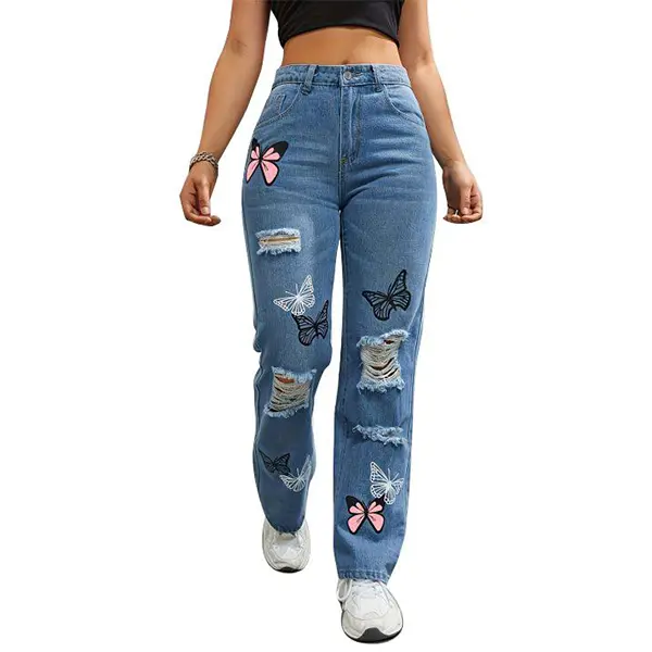Women's Fashion High Waist Straight Leg Printed Butterfly Trouser - Ripped Comfortable Cotton Denim Loose Streetwear Jeans for Casual Holiday Look