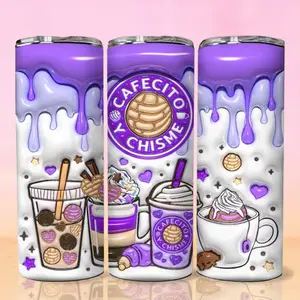 Cafecito Tumbler – Cafecito y Chisme Purple Drip Artwork – Cute Pan Dulce & Coffee Design – Latina Aesthetic Style – 20oz Skinny Tumbler – Stainless Steel – Double-Wall Insulation – BPA Free – Matte UV Print – Trending Gift for Her