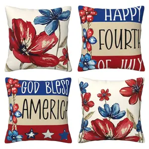 God bless the Poppy Star Spangled Banner Pillow Set, Happy July 4th, Patriotism Independence Day Memorial Day American Flag Cushion Set Decoration Set, 4-piece Set Double sided Printed