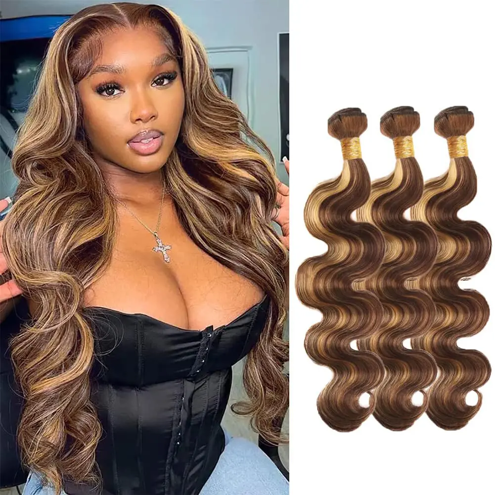 Ramiss P4/27 Highlight Blonde Bundles Human Hair Body Wave 3 Bundles Brazilian Remy Hair Unprocessed Virgin Hairs Blonde  2x6 4x4 Lace Closure with Body Wave Bundle Weaves Extensions