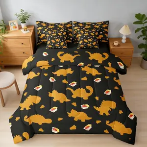 Caroon Chicken Nugget Comforter Set,7-Piece Dino Nugget Gifts Bedding Kids Funny Food Ketchup Sauce Bedding Set,Bed in a Bag(1 Comforter,2 Sheets,2 Pillowcases,2 Throw Pillow Covers), Kids Bedding, Breathable Cloth