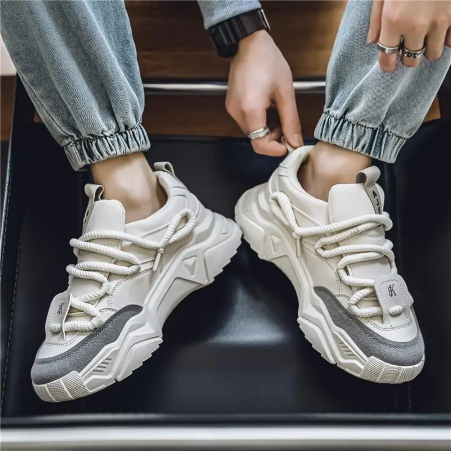 Men's Closed PU Leather Lace-Up Ankle Casual Trainers - Autumn Winter Thick-Sole Cushioned Sneaker Footwear, Versatile Dad Walking Shoes for Comfort and Style (Suitable for Runners), Chunky Running Sneakers, Sports Shoes, Training, Preppy, Synthetic, Roun