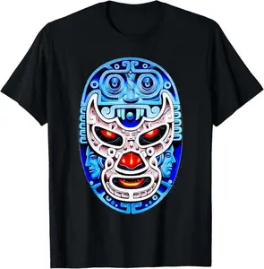 100%25 Cotton Unisex Demon Blue Lucha Libre Wrestler Aztec Design T-Shirt