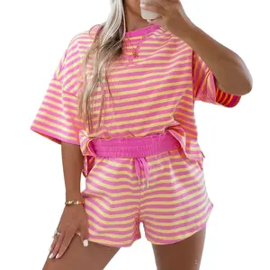 Znacicc Women's Casual Striped Matching Set with Relaxed Boxy Cut Drawstring Waistband Soft Fabric Ideal for Picnics Errands & Relaxing Days Out