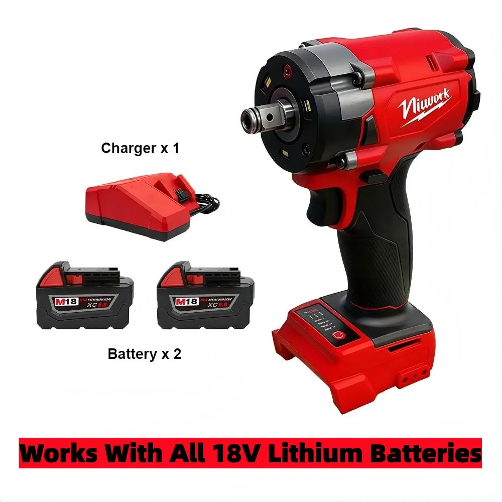 NiuWork Cordless High Torque Brushless Impact Wrench Full Kit, 1/2 in Power Work Tool with LED Lights, 350Nm Wrench Compatible with M18 Batteries - Ideal for Household Projects, Lug Nut Tasks