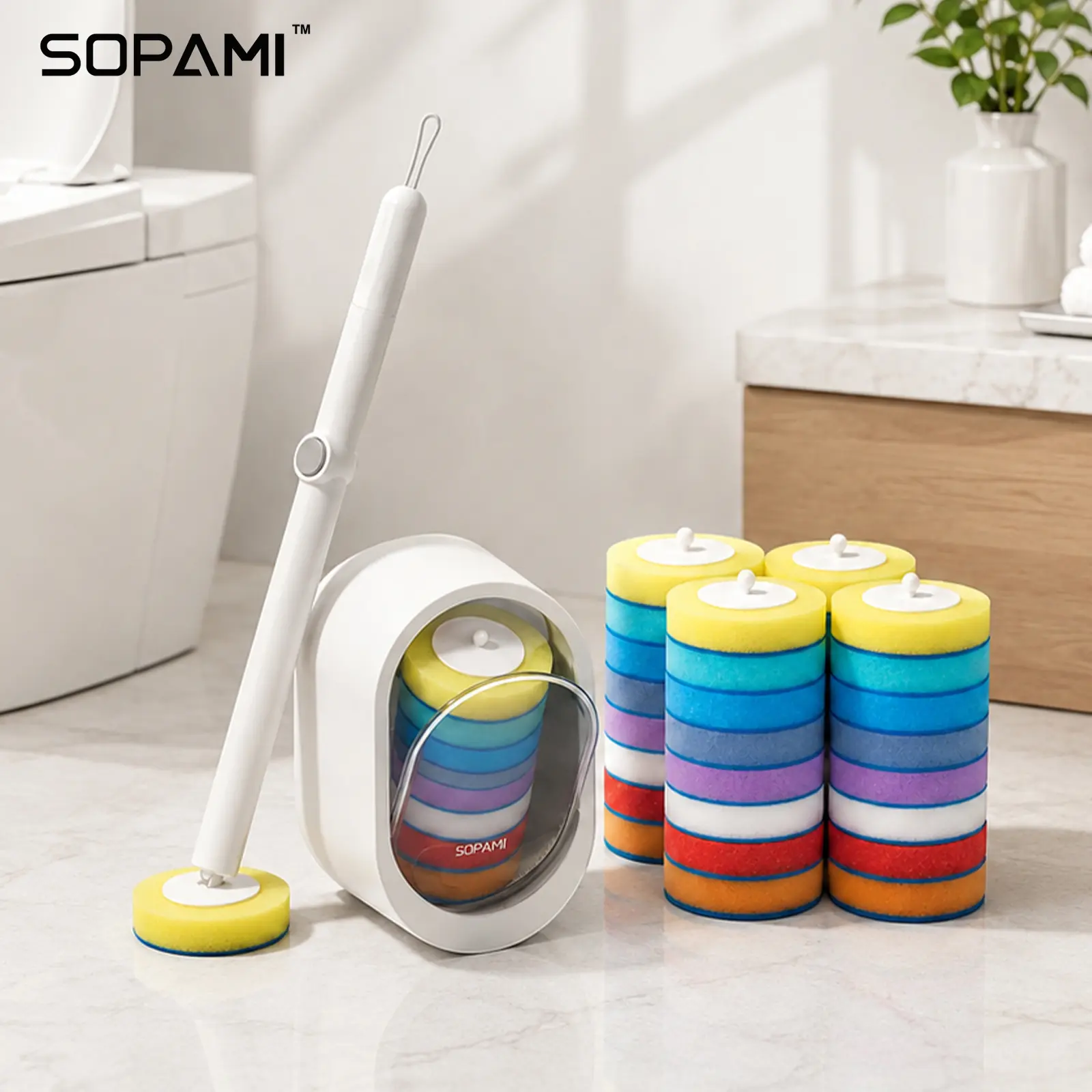 SOPAMI Disposable Toilet Scrubber Brush Kit - 1 Handle + 32 Refill Heads (16 Option Available), No-Touch Rotating Scrubber, Self-Clean Pad, Holder, Toilet Cleaning System for Under-Rim & Corners, Ideal for Busy Home Bathrooms