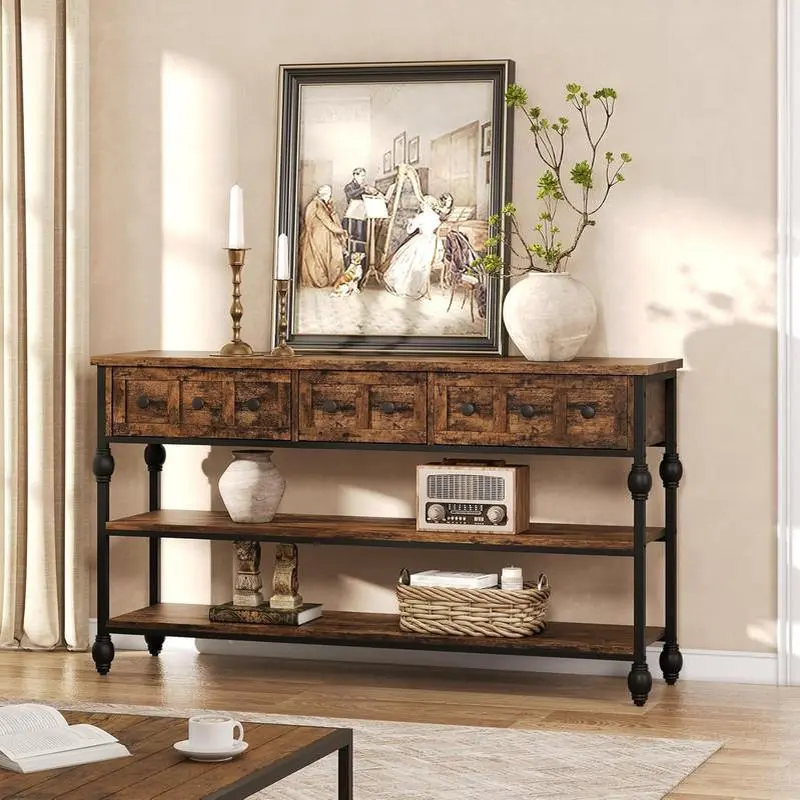 52" Industrial Console Table with 3 Drawers & Open Shelves - Metal Entryway Sofa Table for Behind Couch, Entry or Living Room,Brown side view mirror all-terrain wheel waterproof carry bag vertical steel roof Sectional Outdoor Furniture Set dish