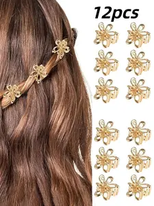 Women's Small Flower Hair Clips, Golden Color Mini Shiny Metallic Design, Non-Slip Bangs Decoration, Cute Accessories Gift for Women & Girls