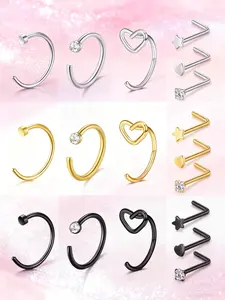 6 Counts Stainless Steel Cz Nose Ring Set, C Shape Heart Design, 20g Unisex Body Piercing Jewelry for All Seasons, Body Piercings Set