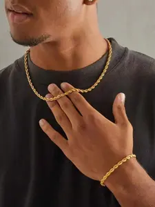 2pcs/Set Gold Silver Color Stainless Steel 18K Plated Twisted Chain Bracelet And Necklace Combination For Men, Simple Style For Sports And Fashion Accessory