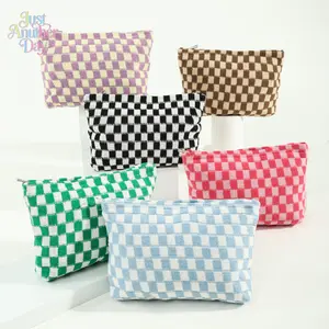 Knitted Checkerboard Makeup Bag, Large Capacity Yarn Cosmetic Pouch, Multi-Use Storage Bag for Stationery & Toiletries