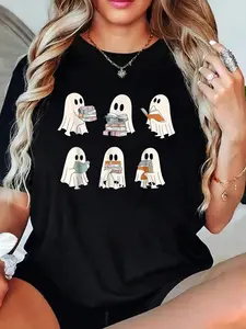 Retro Ghost Reading Books, Halloween Bookish Ghost Bookworm T-Shirt 100% Cotton, Breathable & Comfort Fit T Shirt, Short Sleeve Crew Neck Top For All Seasons