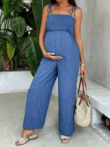 SHEIN Maternity Jumpsuit Casual Leisure Romper With Spaghetti Straps  Maternity Jumpsuit Blue  Straps