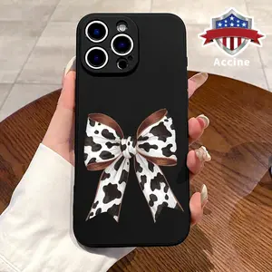 Case for iPhone 15 Plus 16 Pro Max 14 13 12 11 XS XR E Trendy Cow Print Bow Liquid Silicone Camera Protection Ultra Thin Soft Phone Cover Gift for Girl