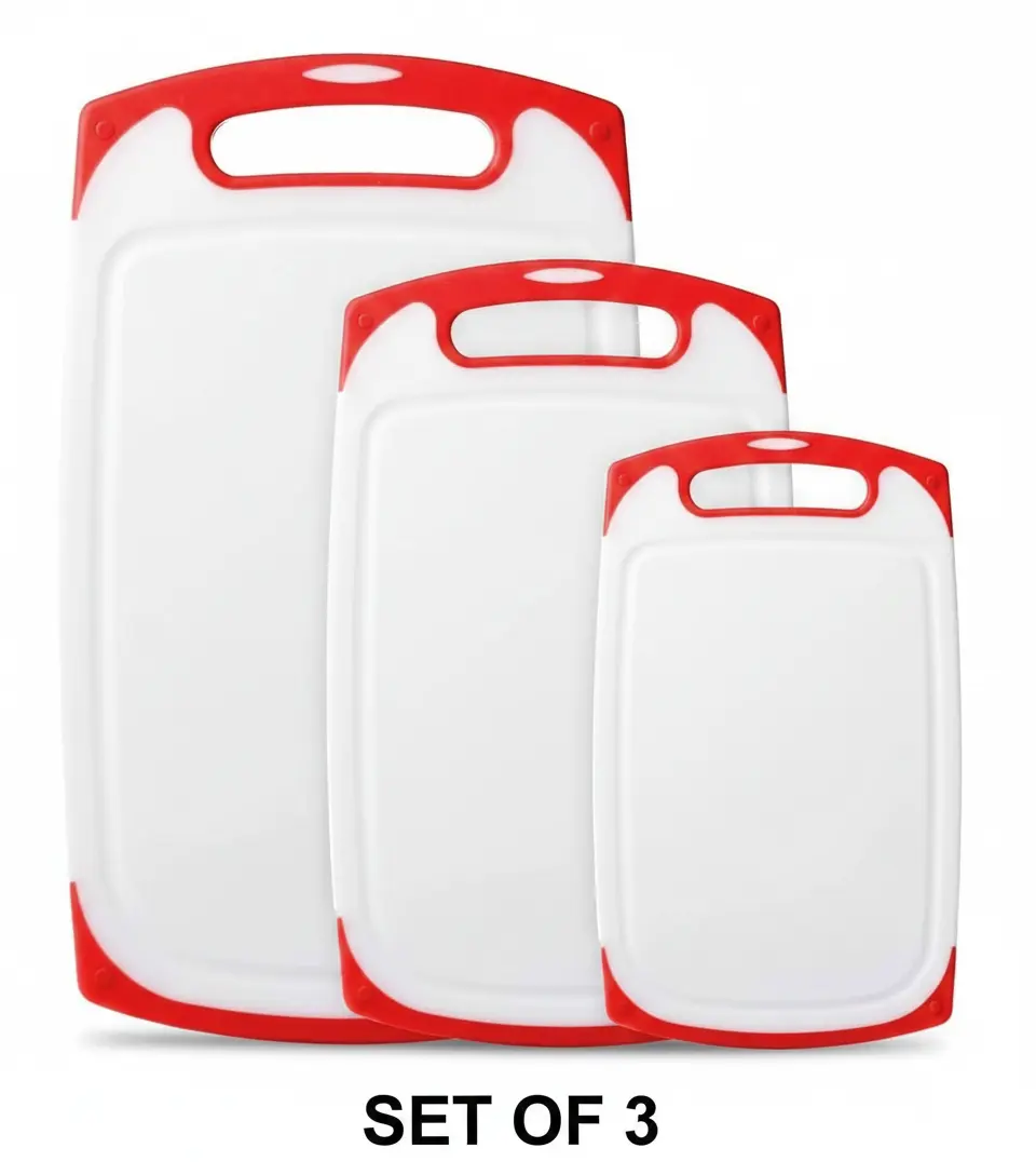 Red Plastic Cutting Board Set - 3pcs | Non-Slip Rubber Feet, Deep Juice Grooves & Easy-Grip Handles - BPA-Free & Dishwasher Safe - Kitchen Boards for Everyday Meal Prep