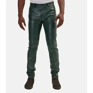 Men's Classic Leather Pants in Olive Green with Two Side and Back Pockets