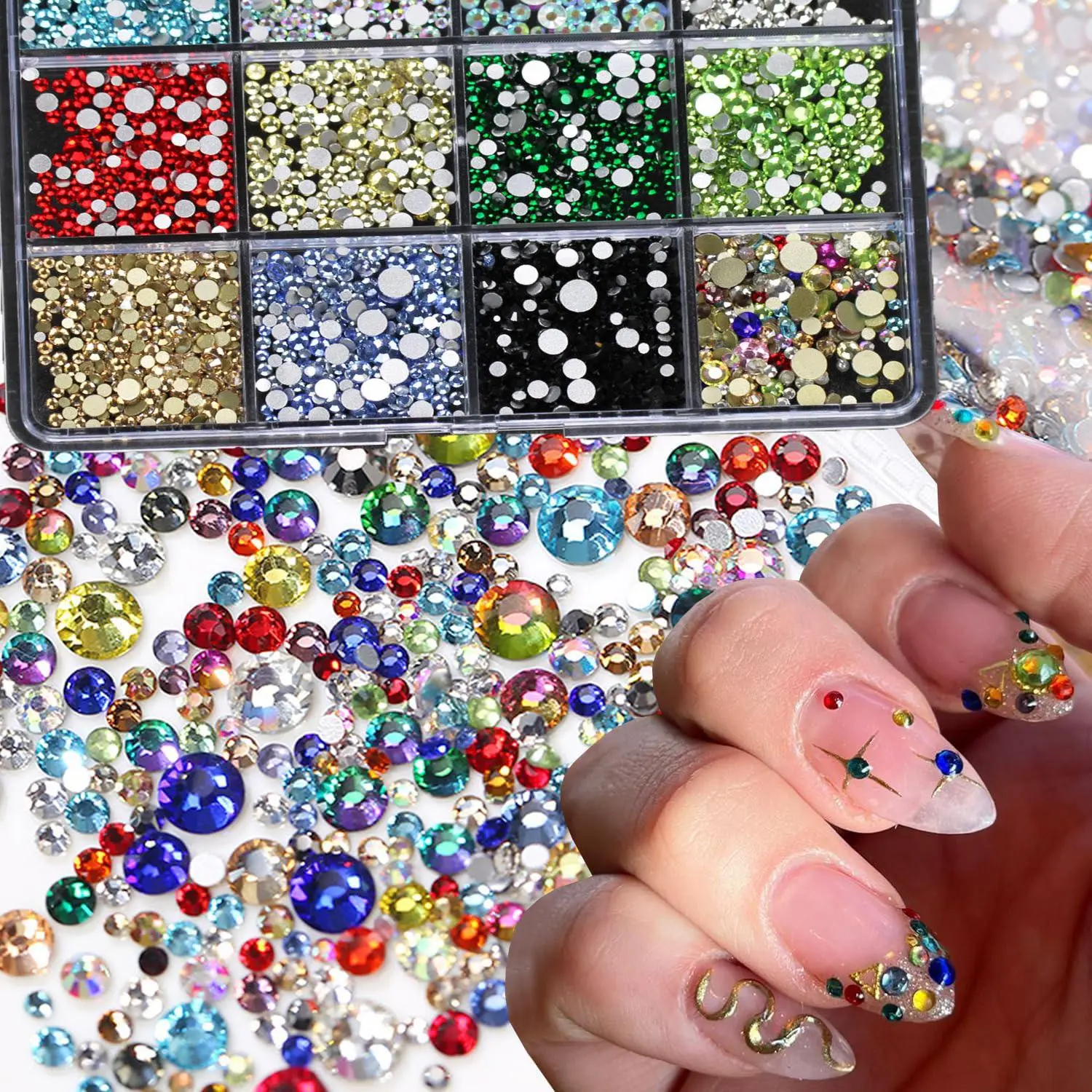 12Grid 1Box Mixed-size Flat-Bottomed Diamond Nail Art Rhinestone Colorful Mirror Glass Nail Diamond DIY Iridescent Nail Crystal
