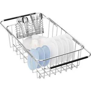Small Dish Drainer Rack in Sink Adjustable, Expandable 304 Stainless Steel Metal Dish Drying Rack Organizer with Stainless Steel Utensil Holder Over Inside Sink Counter, Rustproof(For 1-2 People)