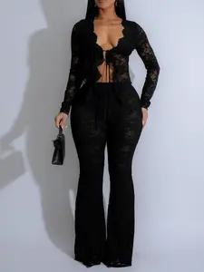 Women's Solid Color Lace Tie Front Long Sleeve Top & Flare Leg Pants, Sexy Fashion Casual Two-piece Set for Daily Outdoor Wear, Women's Clothing for Spring & Fall, Womenswear, Casual Matching Set, Stretchy Outfit Sets