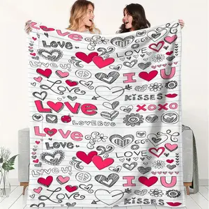 Valentine's Day Love Collage Flannel Blanket, Heart and Kisses Print Throw Blanket, Cute & Cozy Home Decor, Perfect for Romantic Nights, Camping Trips, Office Comfort, Sweet Gift Idea!
