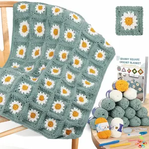 Blanket Crochet Kit for Beginners, Granny Squares Crochet Blanket Kit with Soft Yarns Detailed Instruction, Complete Crochet Starter Kit for Daisy Blanket, Easy to Learn Yarn Kit