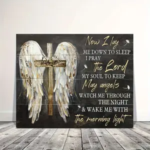 A Wooden Framed Canvas Painting, Angel Wings Canvas Poster, Crown of Thorns, Cross Symbol, Now I Lie Down to Sleep, Jesus Landscape Painting, Wall Art, Used for Office Bathroom Living Room Decoration, Inspirational Wall, Framed Ready-to-Hang Gift for Her