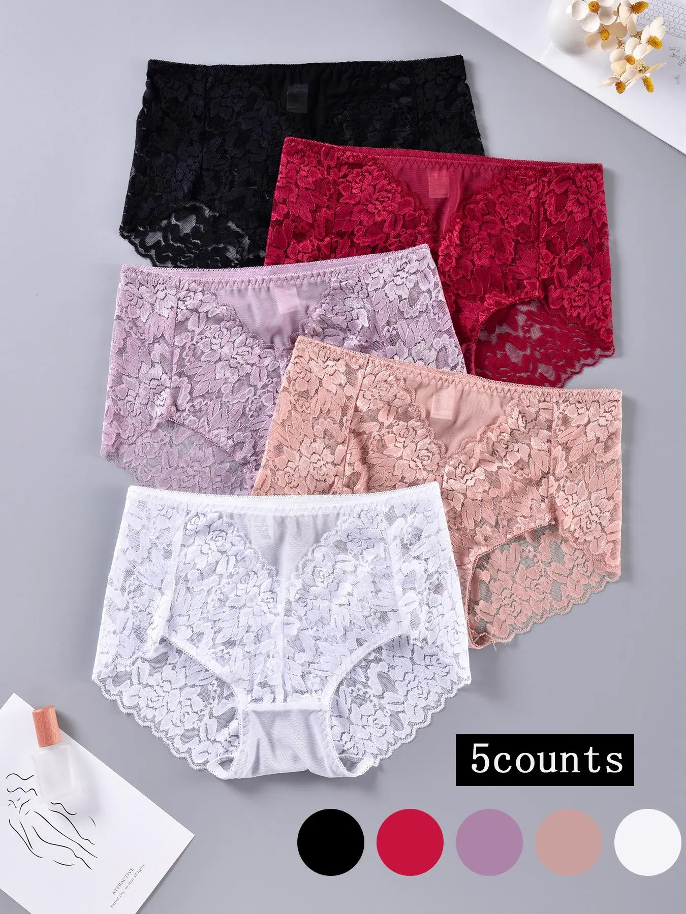 Women's Floral Lace Scallop Trim Sheer Knickers, Fashion Casual Breathable Comfortable Panties Set for Daily Wear, Ladies Underwear for All Seasons, Lingerie, Womenswear, Everyday, Soft Breathable Panties, Semi Sheer Panties