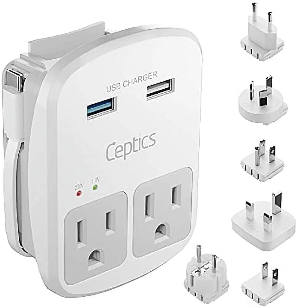 Ceptics World Travel Adapter Kit - 2 USB + 2 US Outlets, Surge Protection, Plug for Europe, UK, China, Australia, Japan