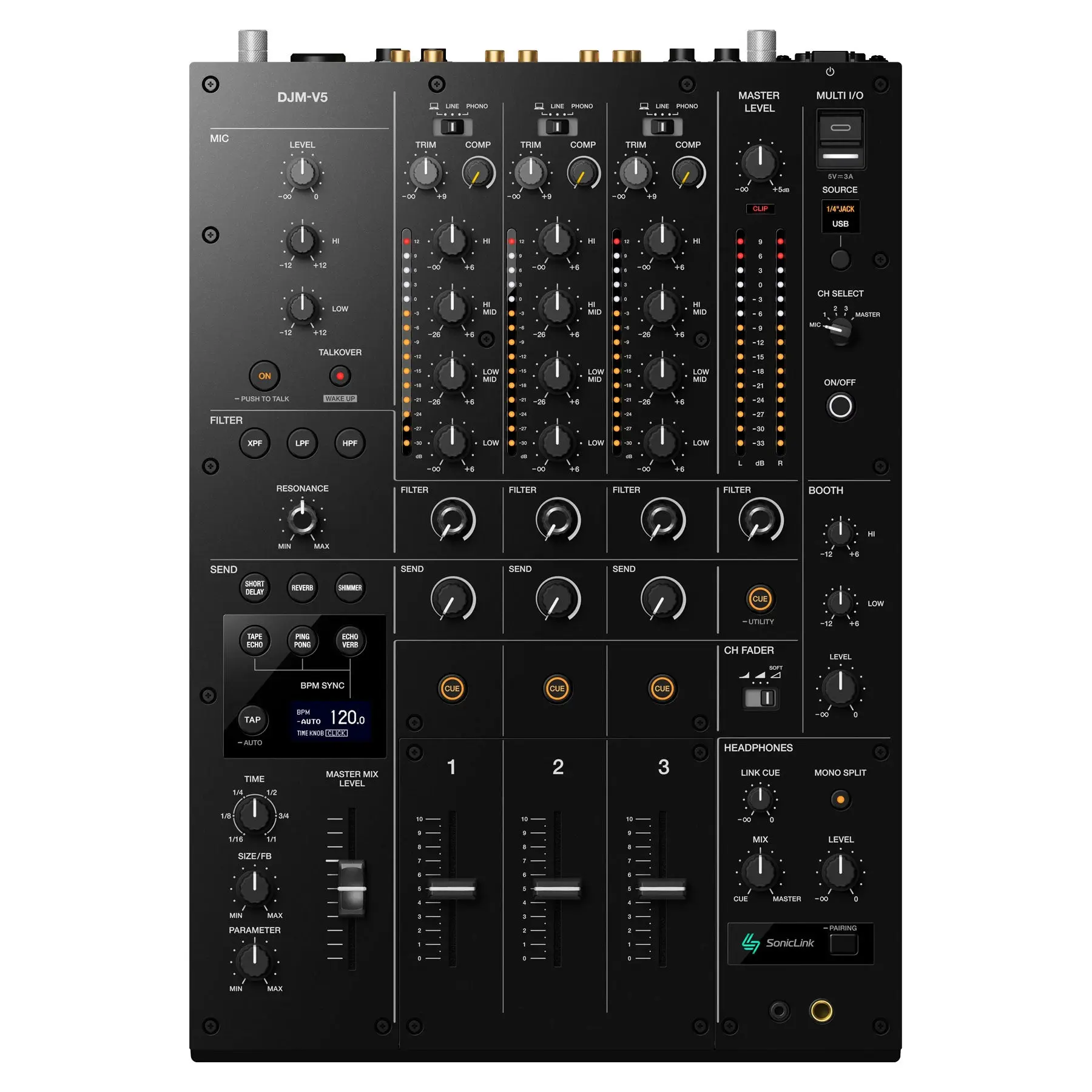 AlphaTheta 3-Channel DJ Mixer (DJM-V5) - Open Box Special, Compact Audio Device with USB, Stereo, Wireless Capabilities