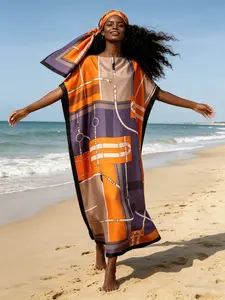 1 Robe+1 Scarf Orange Purple Contrast Equestrian Belt Buckle Printed Robe Dress Set Large Ship Collar Loose Flesh Covering Long Dress+Scarf Vitality Light Luxury Vacation Style Long Dress Muslim Elegant and Noble Vacation/Daily Flesh Covering and Slimming