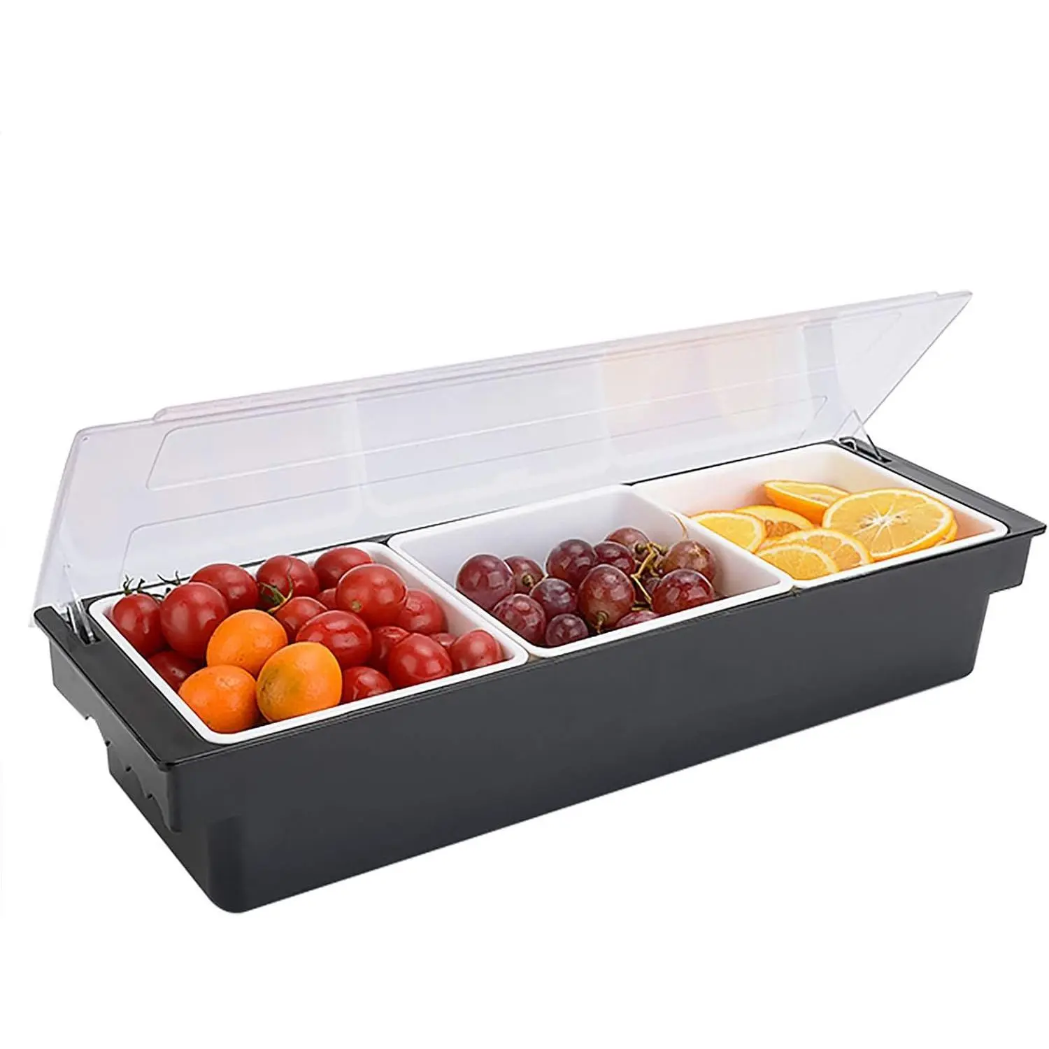 Black Plastic 3-Tray Condiment Caddy with Lid - Dispenser Tray Organizer for Home Kitchen Utensils, Preserving Containers, Refrigerator Storage