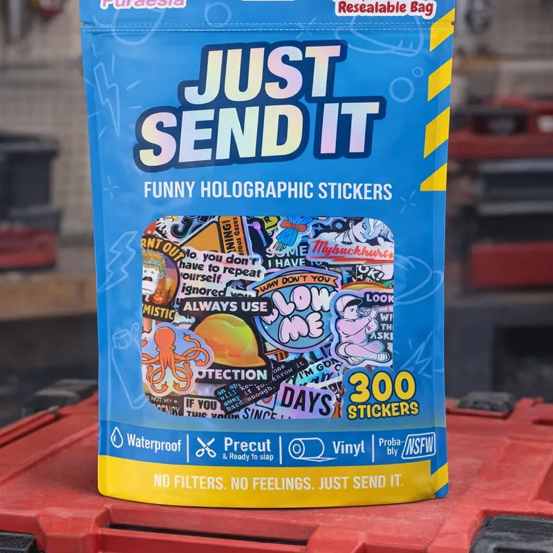 "Just Send It" Holographic Vinyl Hard Hat Labels & Funny Stickers - 300-Pack Tough Decals, Funny Slogan, Humor Text, Industrial Options, 2.5-3.5 in Ultra-Clear Waterproof for Helmets, Toolboxes, Blue Collar Dads & Boyfriends Gifts