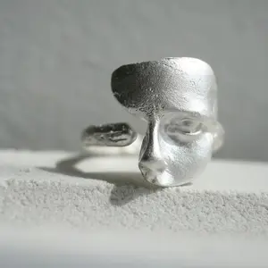 Novelty Mask Ring, Burnt White Textured Silvery Handmade Open Ring, Frosted Niche High-End Fashion Costume Jewelry Accessory, Novelty Mask Rings