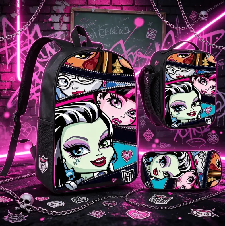 Monster High Polyester Cartoon Backpack - Waterproof, Unisex, 17-in Laptop Compatible, Adjustable Shoulder Straps, Zipper Closure, Ideal for Daily School Commutes & Back-to-School