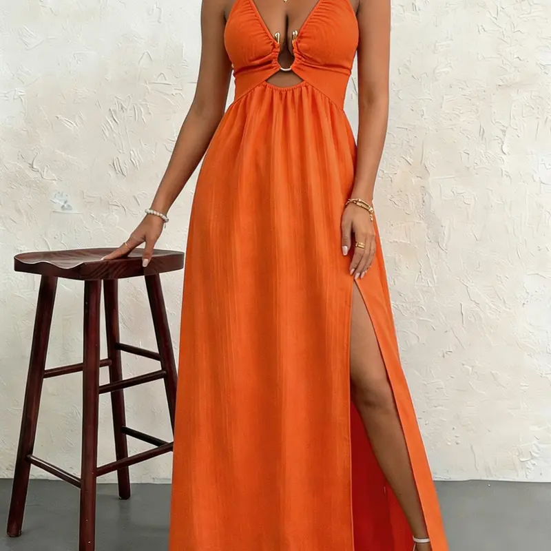 Women's Cutout Halter Long Dress, Vacation Style, Bust Ruched Design, High Waist, Side Split Slit Design, Perfect for Beach, Parties, Summer Outing