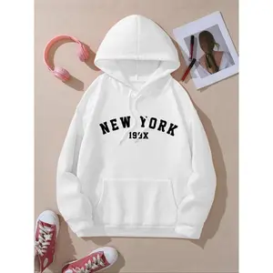 Women's Letter & Year Number Print Drop Shoulder Thermal Lined Graphic Hoodie Fashion Casual Drawstring Pocket Hooded Sweatshirt for Daily Holiday Outdoor Wear Women's Clothing for Fall & Winter Fitness Flat Printed Womenswear Polyester Soft Tops Black