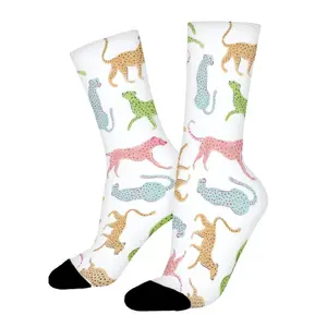 Vibrant Multi Color Animal Pattern Crew Socks 1 Pair - Soft Polyester Breathable Comfortable Elastic Trendy Leopard Tiger Print Fashion Casual Athletic Daily Socks Men Women