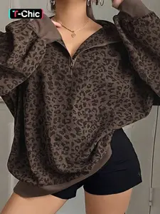 Women's Plus Size Leopard Print Half-Zip Collared Top, Womenswear, Vintage, Baggy, Casual and Stylish, Perfect for Daily Shopping, Loose-Fitting Fall & Winter