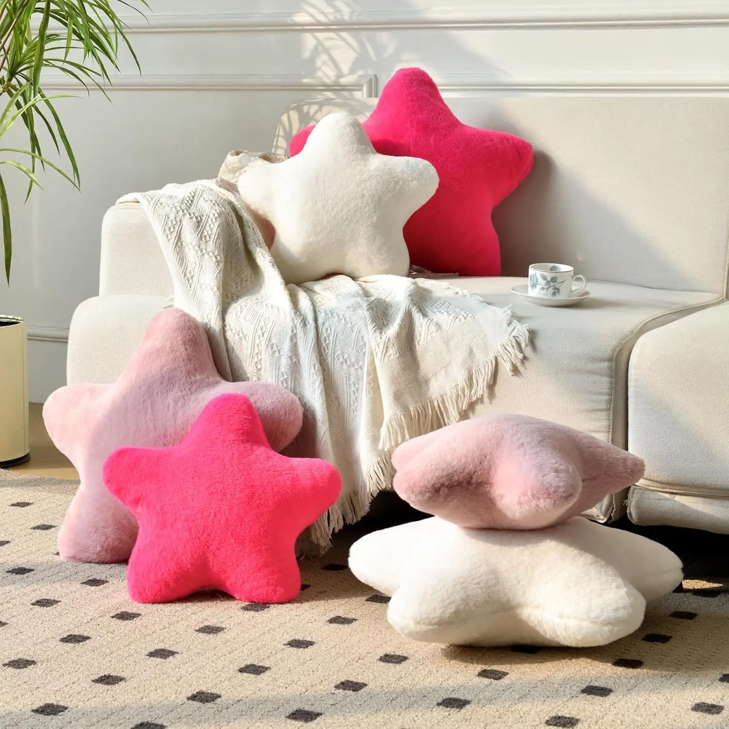 Star Pillow, Decorative Throw Pillows for Bed Couch, 15" Star Shaped Pillow Plush Floor Cushions Room Decor Pillow with Soft Faux Rabbit Fur for Sofa Bedroom Living Room