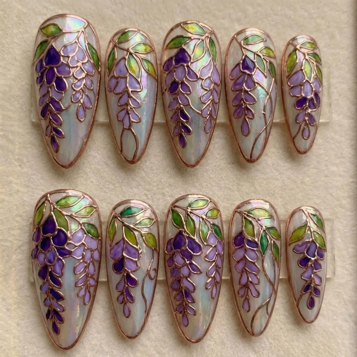 Wisteria Stained Glass Press On Nails, 3D Rose Gold Purple Floral Nails, Gel Faux Acrylic Nails, Reusable Full Cover Nails, Aesthetic Nail Set