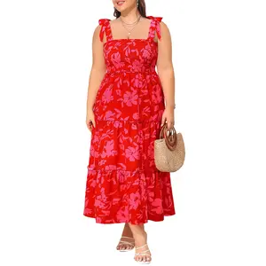 Pinup Fashion Plus Size Summer Dress - Sun Boho Beach Casual Floral Tiered Smocked Long Maxi Dresses  SwimWeek  summervibes