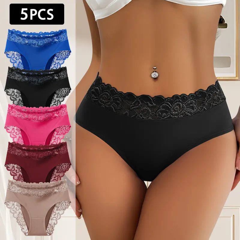 QUASTI 5PCS Multi Color Adult Underwear for Women, Sexy Lace Style, Fashionable & Elegant, High Elasticity Underwear Comfortable & Breathable,Everyday Comfort Wear Back To School Gifts for Girls