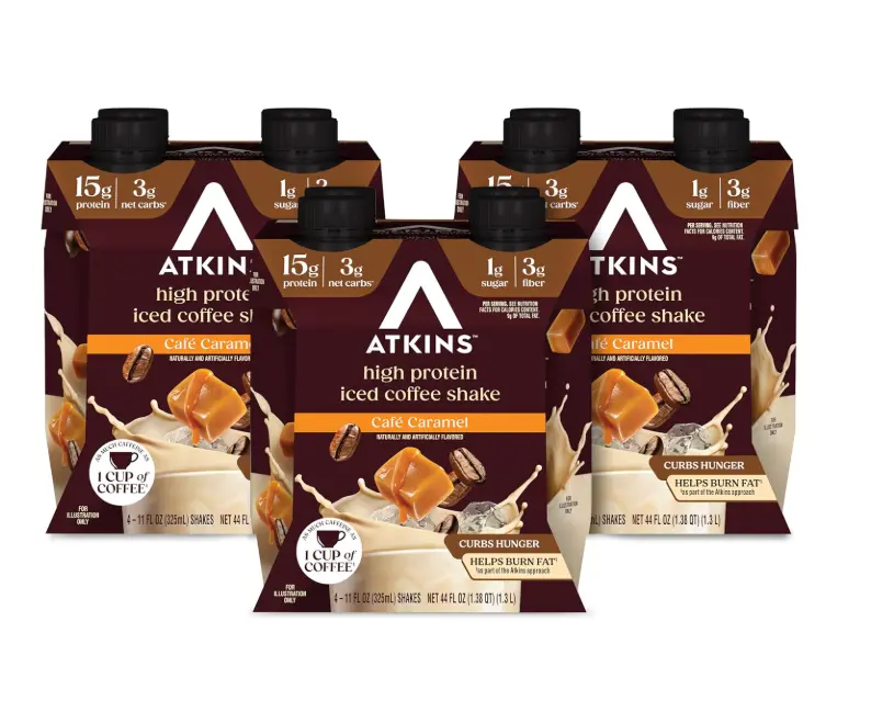 Atkins Café Caramel Iced Coffee Flavored High Protein Shake, 12 Count | 15g Protein, 3g Net Carbs, 1g Sugar, 3g Fiber, Contains Caffeine, Ready to Drink, 11fl oz, 3 Pack of 4 Count Shakes