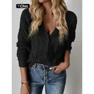 Women's Solid Hollow Out Button Front Cardigan, Casual Long Sleeve Deep V Neck Knitwear for Spring & Fall, Fashion Women's Knit Clothing for Daily Wear