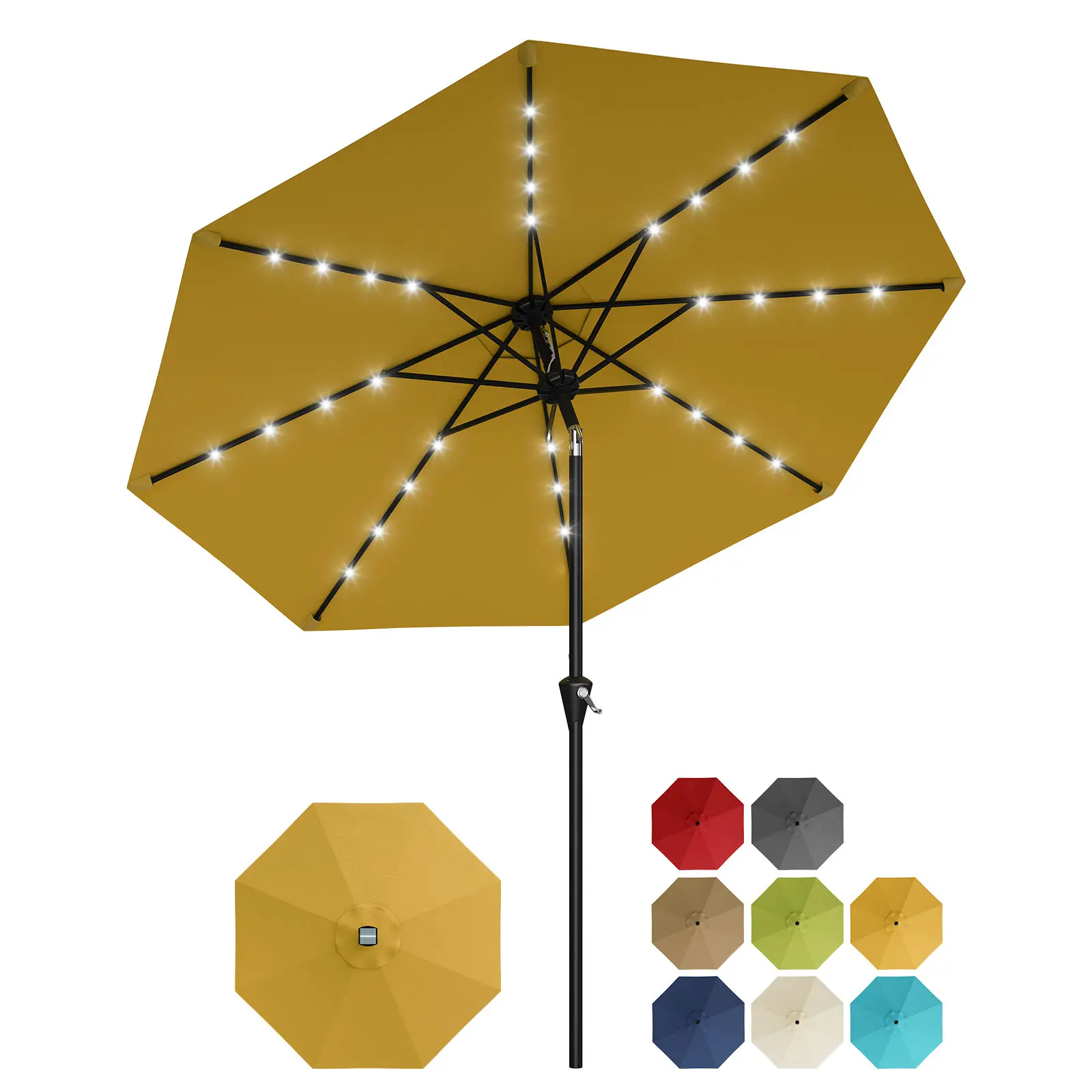 Garvee 9FT Outdoor Patio Umbrella with Solar LED Lights – Market Table Parasol – Waterproof Canopy, UV Protection, Smooth Crank Lift, Push Button Tilt, 8 Sturdy Ribs – Garden, Deck, Pool, Yard
