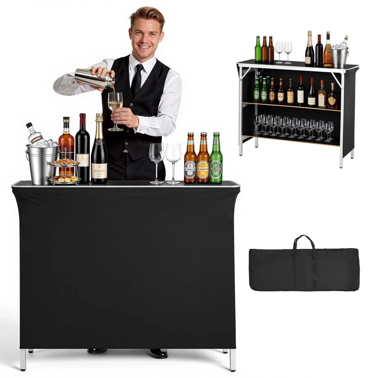【SummerFinds】VEVOR Folding Portable Bar Table, 43.3 x 15.2 x 34.8 in, with Carry Bag, 2 Storage Shelves, and Detachable Skirt, Quick and Easy Setup, Foldable Mobile Bartending Station for Events, Party, Tradeshow