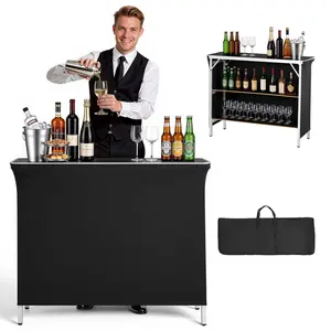 VEVOR Folding Portable Bar Table, 43.3 x 15.2 x 34.8 in, with Carry Bag, 2 Storage Shelves, and Detachable Skirt, Quick and Easy Setup, Foldable Mobile Bartending Station for Events, Party, Tradeshow