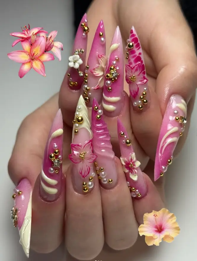Tropical Summer Press On Nails Extra Long Stiletto Hot Pink Gradient Fake Nails with 3D Hibiscus Flowers Gold Beads Pearls Full Cover False Nails Luxury Baddie Vacation Reusable Acrylic Manicure Kit for Women Salon Quality