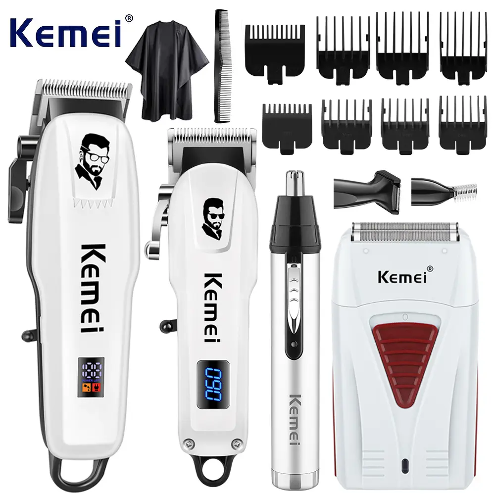KEMEI 4-Piece Personal Care Grooming Kit - KM-PG809A Electric Clipper, KM-232 Portable Small Trimmer, KM-3382 Electric Shaver, Nose Trimmer, Oil Head Scissors - Affordable Set for Self-Use or Gifting